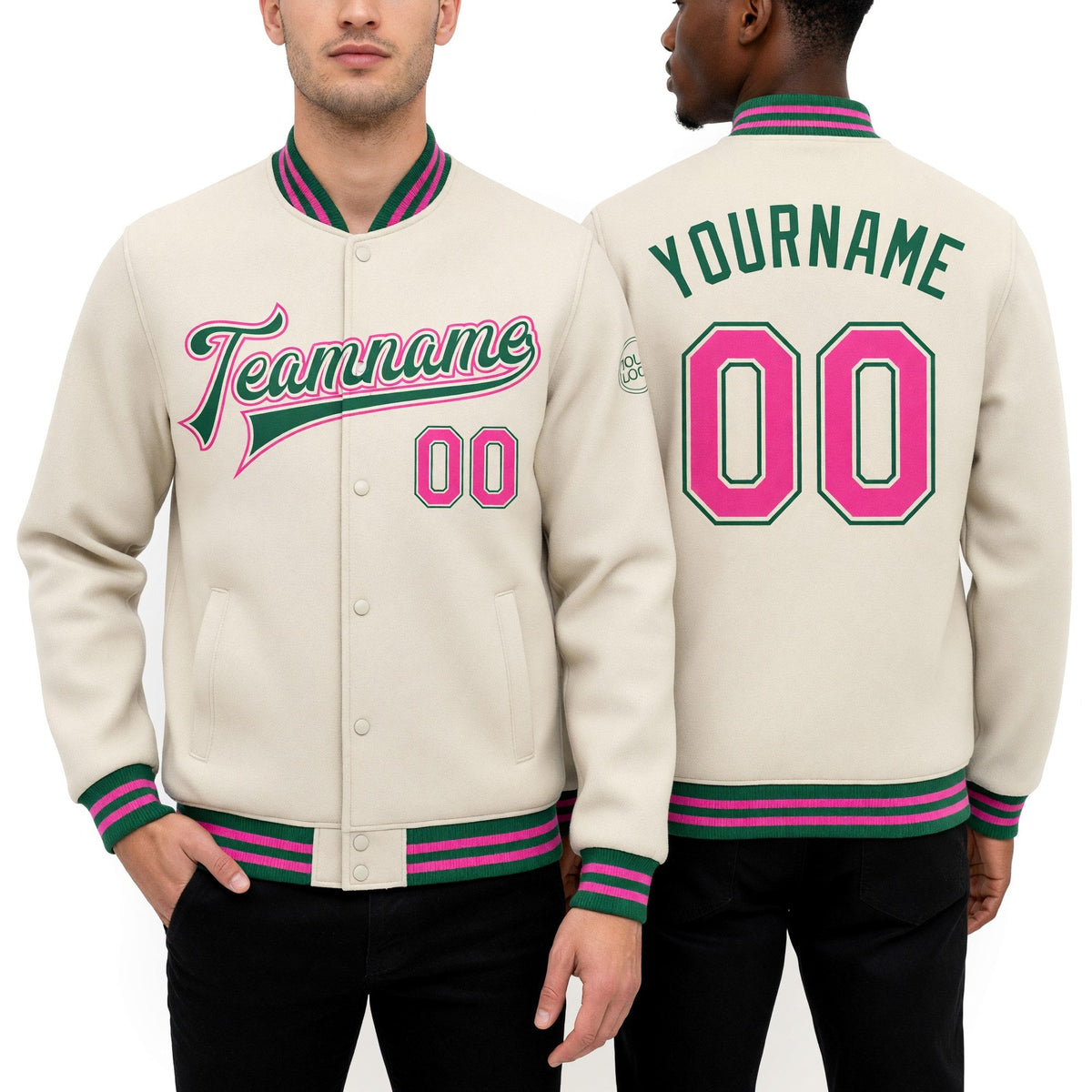 Custom Cream Pink-Kelly Green Bomber Full-Snap Varsity Letterman Jacket worn front and back