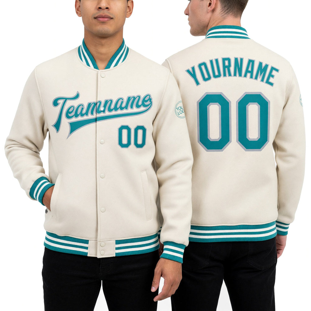 Custom Cream Teal-Gray Bomber Full-Snap Varsity Letterman Jacket worn front and back