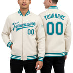 Custom Cream Teal-Gray Bomber Full-Snap Varsity Letterman Jacket worn front and back