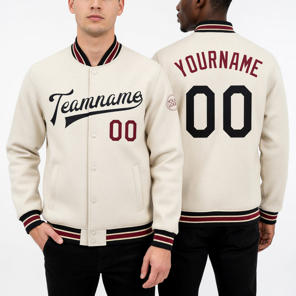Custom Cream Black Crimson-City Cream Bomber Full-Snap Varsity Letterman Jacket worn front and back