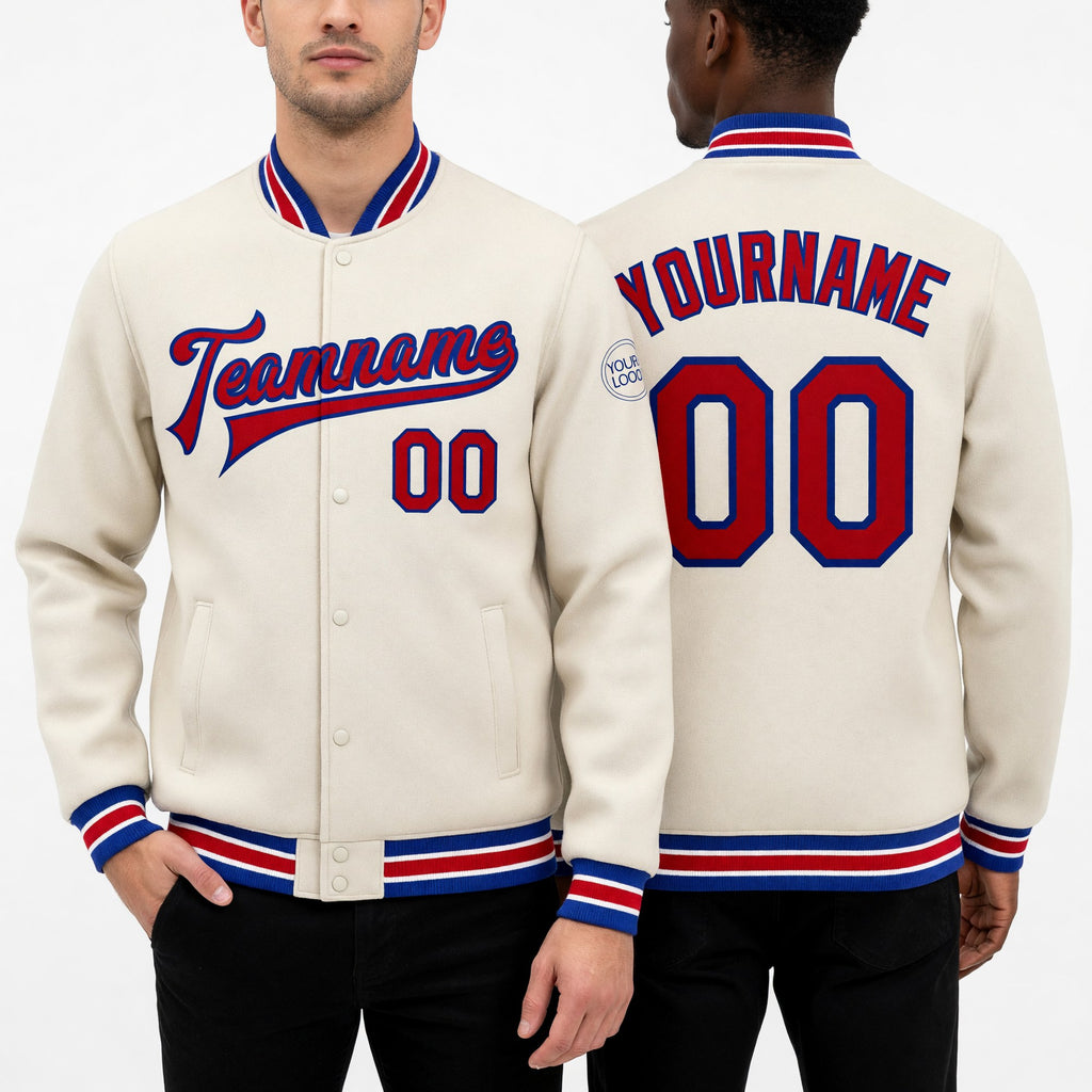 Custom Cream Red-Royal Bomber Full-Snap Varsity Letterman Jacket worn front and back