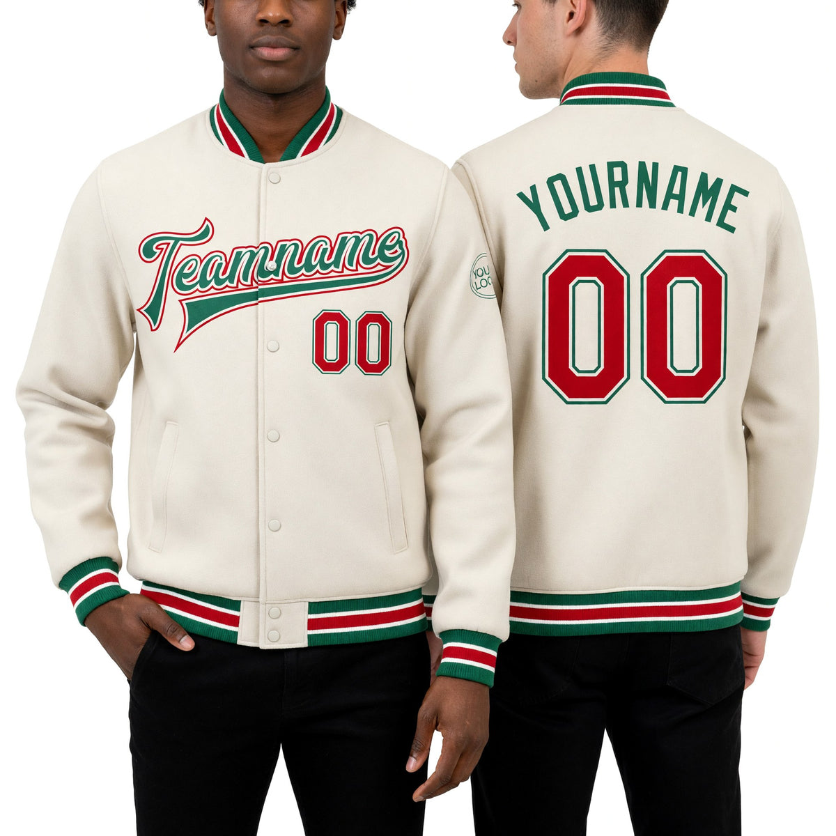 Custom Cream Red-Kelly Green Bomber Full-Snap Varsity Letterman Jacket worn front and back