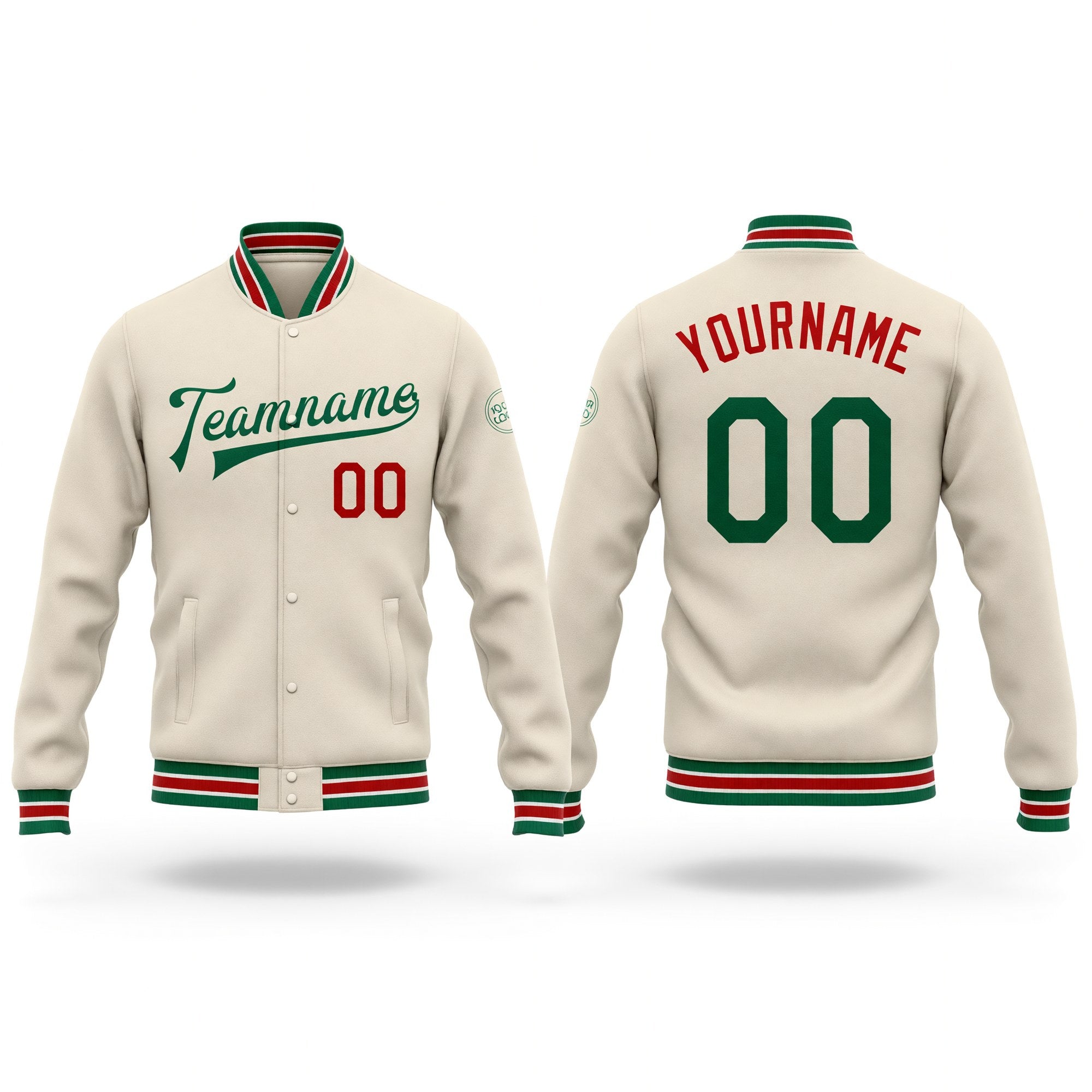 Custom Cream Kelly Green-Red Bomber Full-Snap Varsity Letterman Jacket