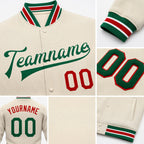 Custom Cream Kelly Green-Red Bomber Full-Snap Varsity Letterman Jacket detail