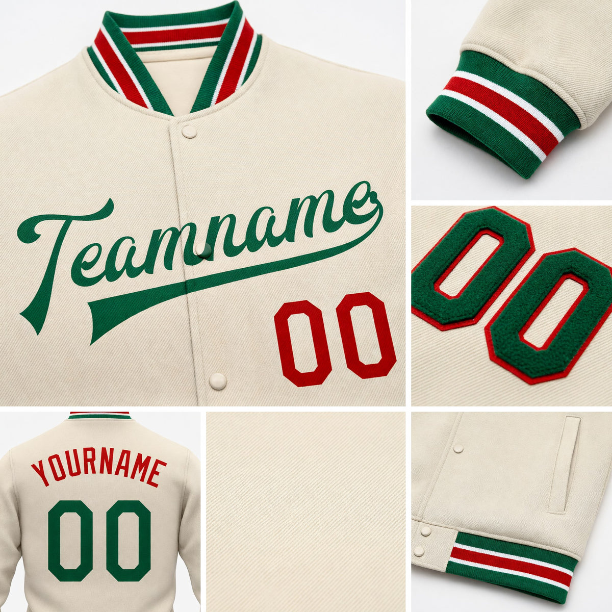 Custom Cream Kelly Green-Red Bomber Full-Snap Varsity Letterman Jacket detail