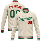 Custom Cream Kelly Green-Red Bomber Full-Snap Varsity Letterman Jacket photo 1