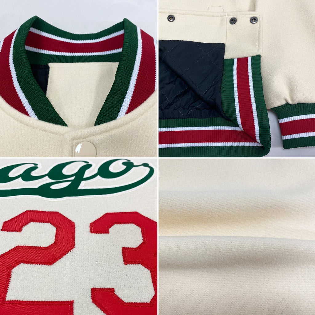 Custom Cream Kelly Green-Red Bomber Full-Snap Varsity Letterman Jacket photo 4