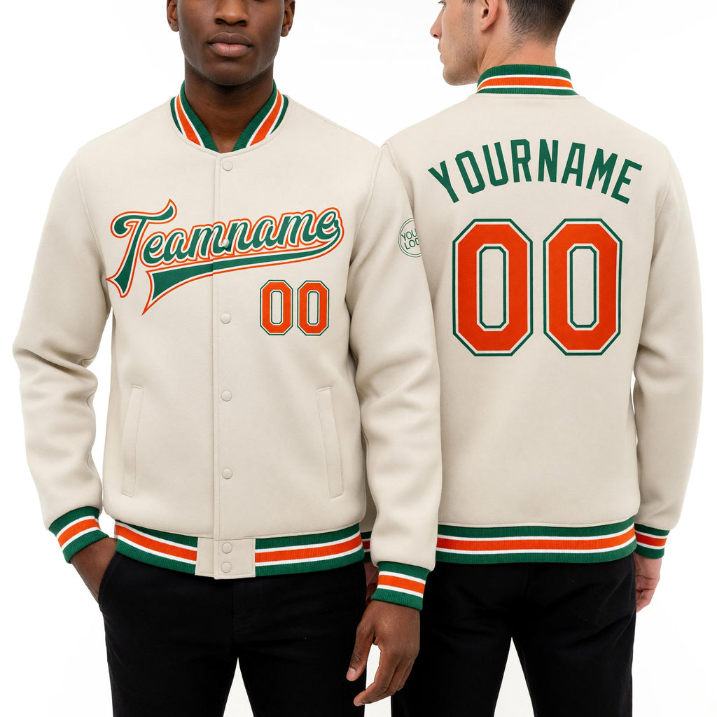Custom Cream Orange-Kelly Green Bomber Full-Snap Varsity Letterman Jacket worn front and back