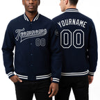 Custom Navy White Bomber Full-Snap Varsity Letterman Jacket worn front and back