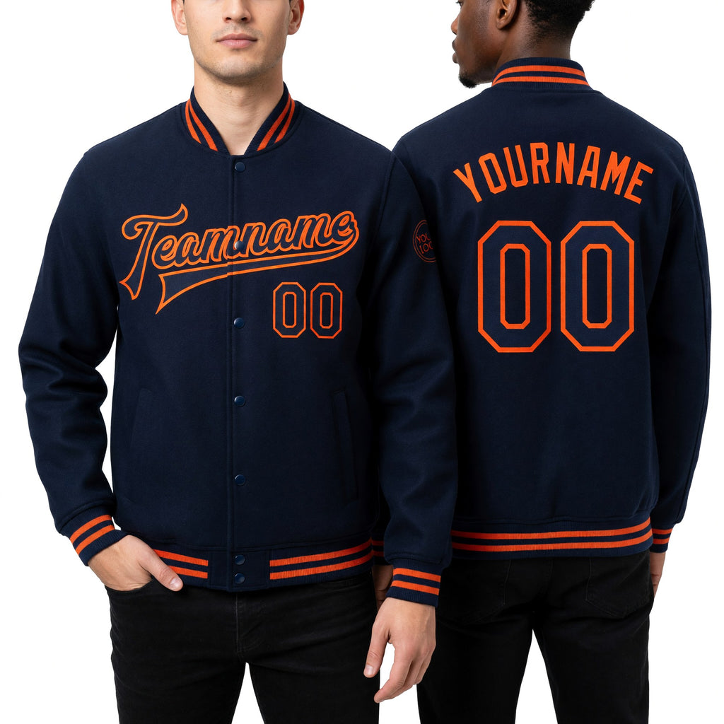Custom Navy Orange Bomber Full-Snap Varsity Letterman Jacket worn front and back