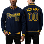 Custom Navy Gold Bomber Full-Snap Varsity Letterman Jacket worn front and back