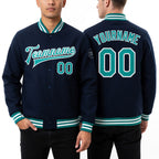 Custom Navy Aqua-White Bomber Full-Snap Varsity Letterman Jacket worn front and back