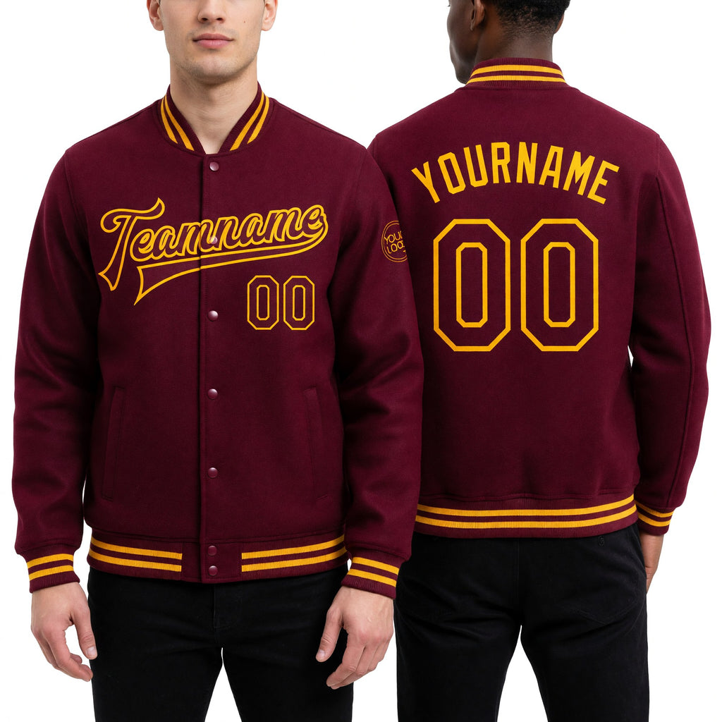 Custom Crimson Gold Bomber Full-Snap Varsity Letterman Jacket worn front and back