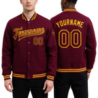 Custom Crimson Gold Bomber Full-Snap Varsity Letterman Jacket worn front and back