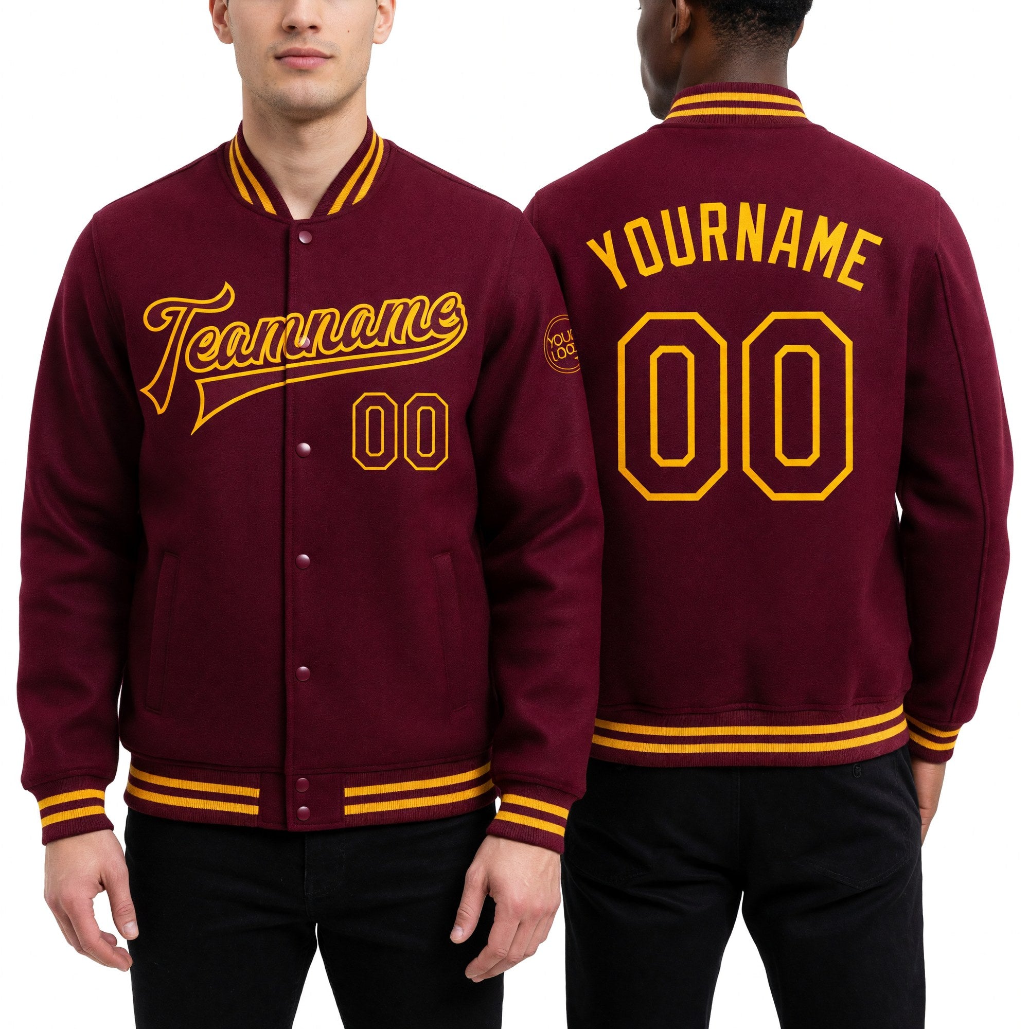 Custom Crimson Gold Bomber Full-Snap Varsity Letterman Jacket worn front and back