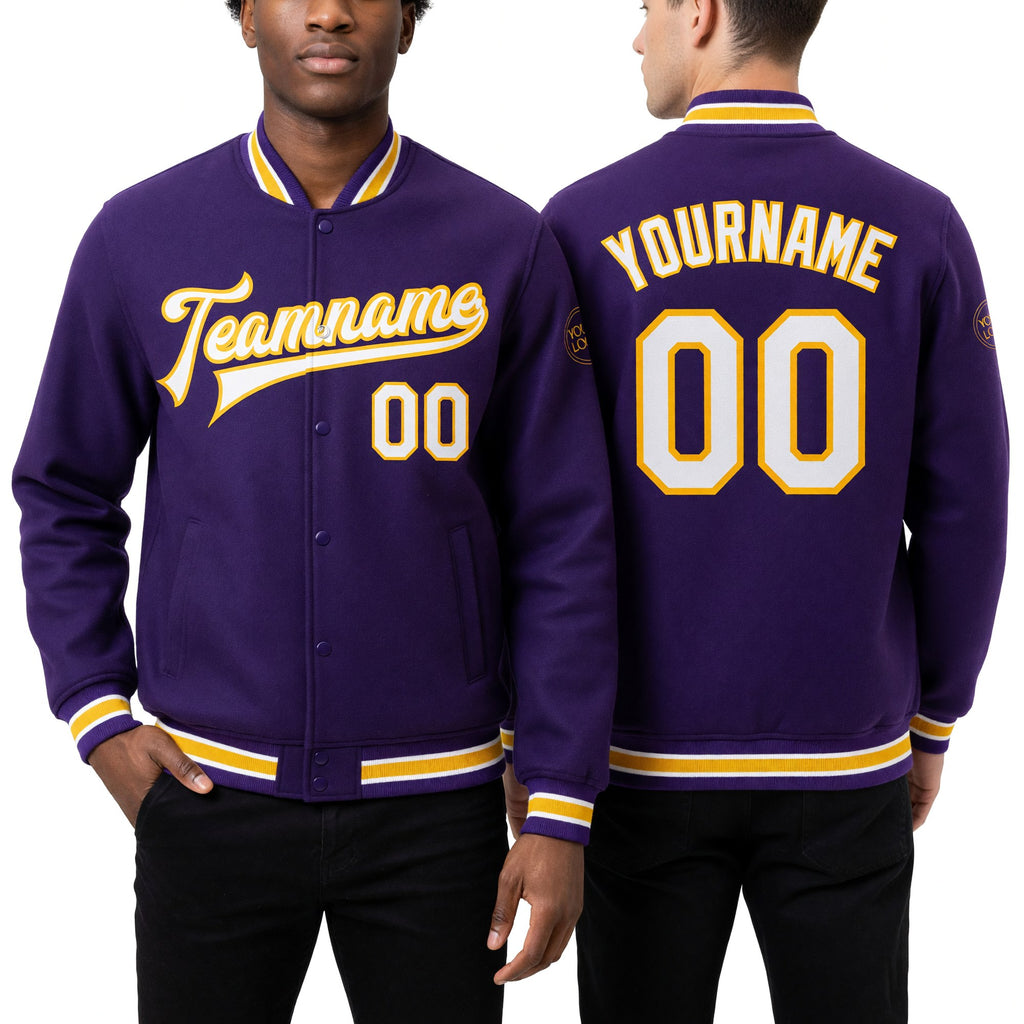 Custom Purple White-Gold Bomber Full-Snap Varsity Letterman Jacket worn front and back