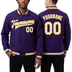 Custom Purple White-Gold Bomber Full-Snap Varsity Letterman Jacket worn front and back