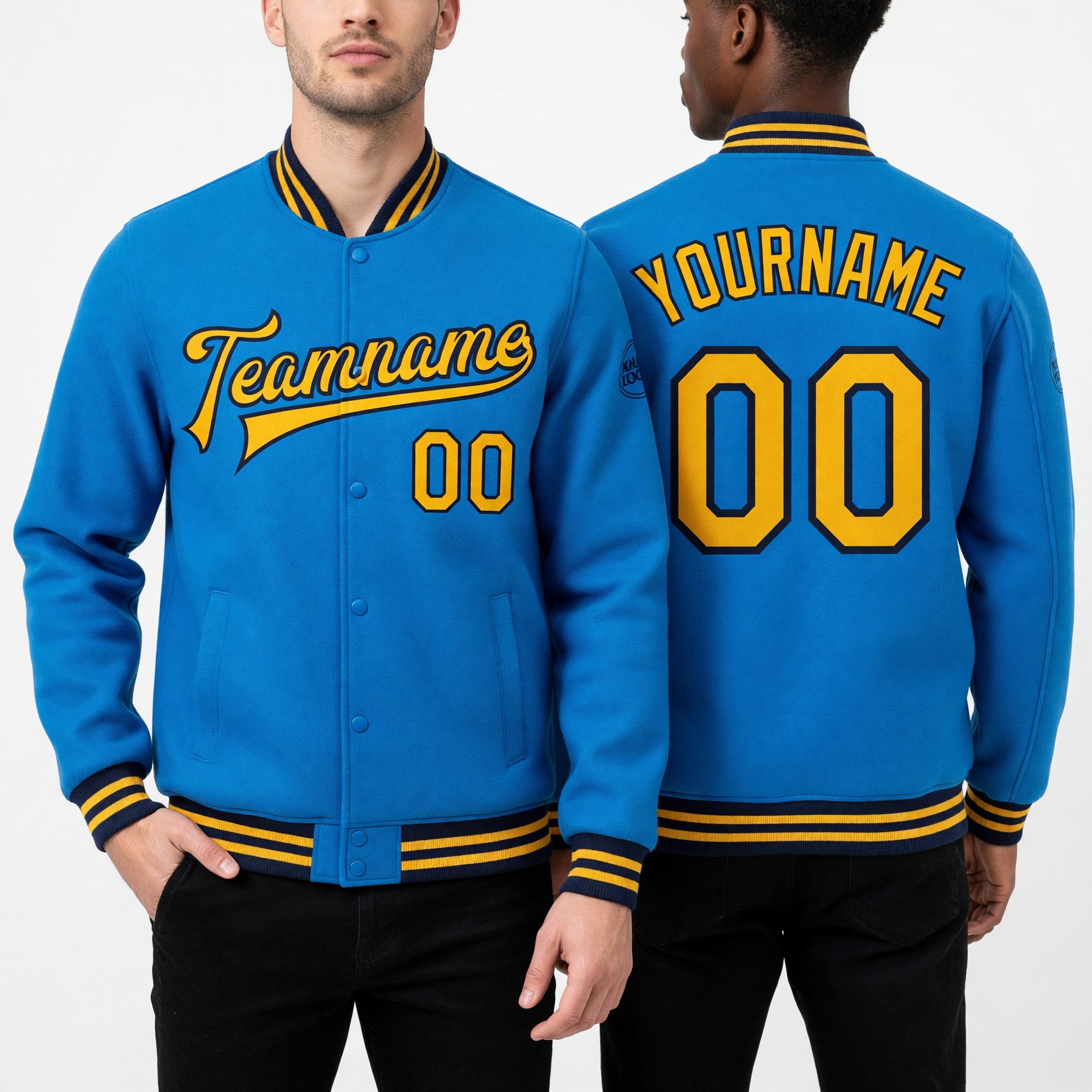 Custom Powder Blue Gold-Navy Bomber Full-Snap Varsity Letterman Jacket worn front and back