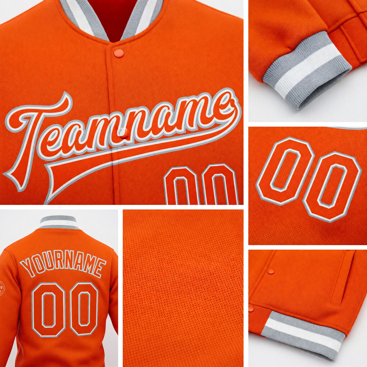 Custom Orange White-Gray Bomber Full-Snap Varsity Letterman Jacket detail