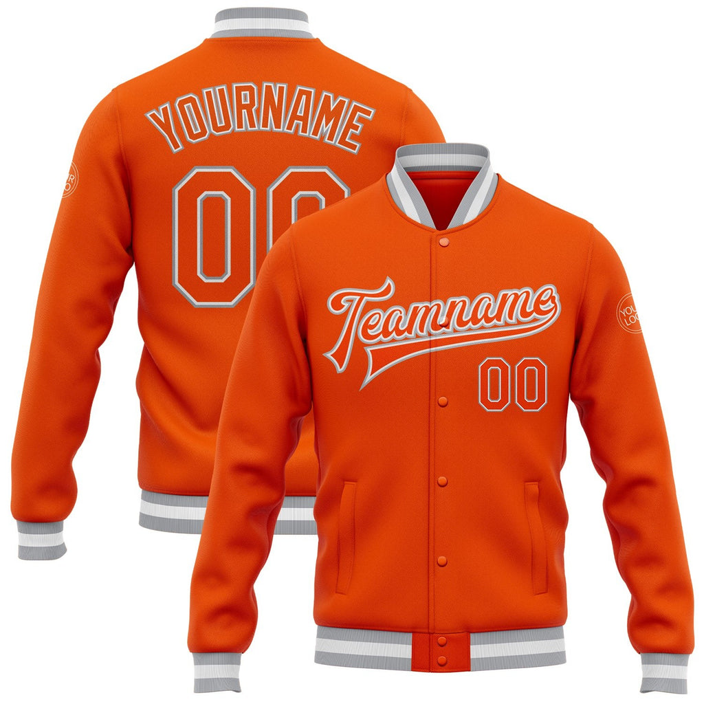 Custom Orange White-Gray Bomber Full-Snap Varsity Letterman Jacket photo 1