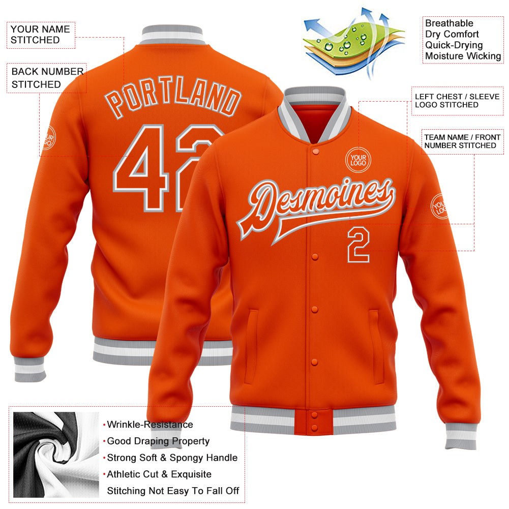 Custom Orange White-Gray Bomber Full-Snap Varsity Letterman Jacket photo 5