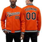 Custom Orange Black-White Bomber Full-Snap Varsity Letterman Jacket worn front and back