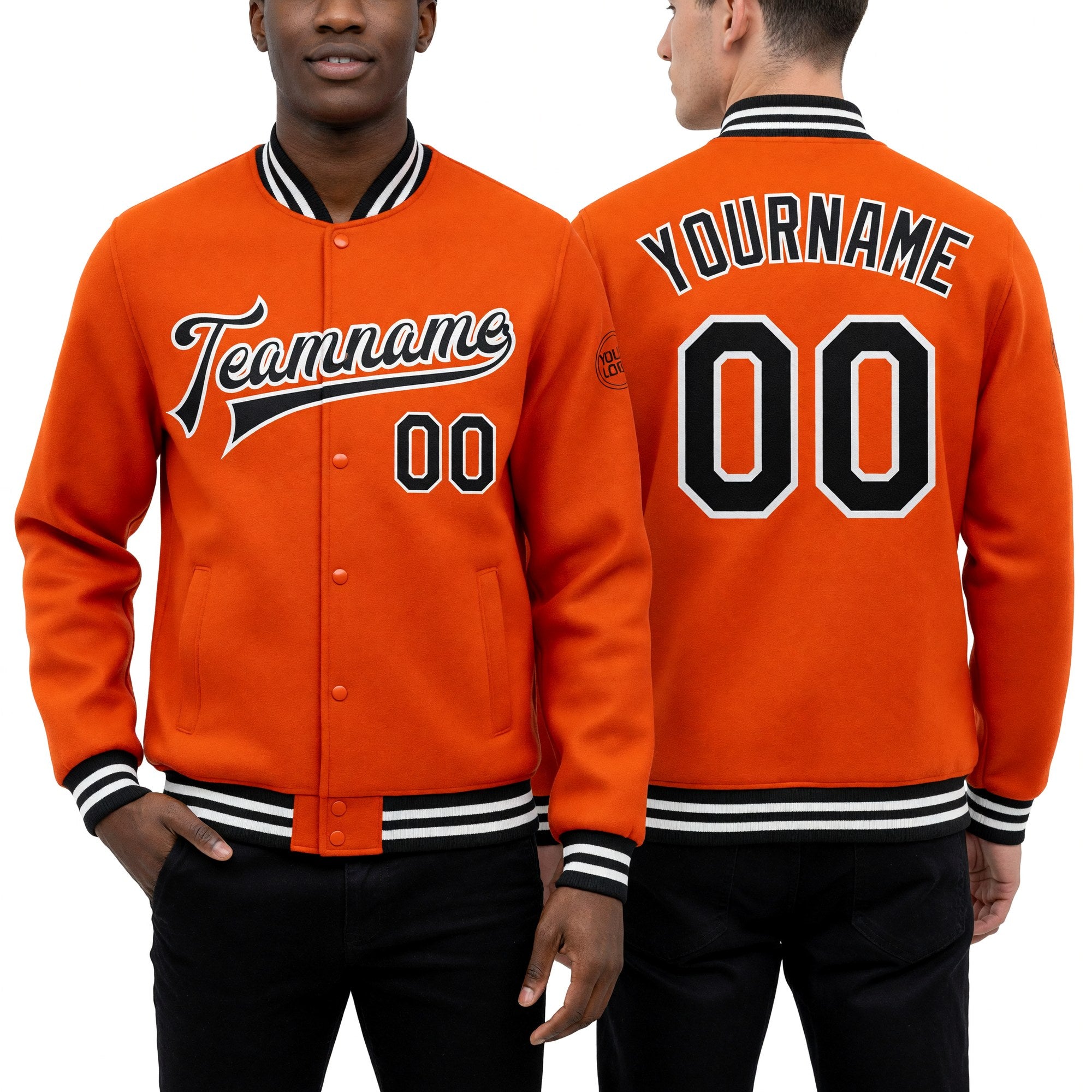 Custom Orange Black-White Bomber Full-Snap Varsity Letterman Jacket worn front and back
