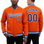 Custom Orange Royal-White Bomber Full-Snap Varsity Letterman Jacket worn front and back