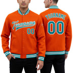 Custom Orange Teal-White Bomber Full-Snap Varsity Letterman Jacket worn front and back