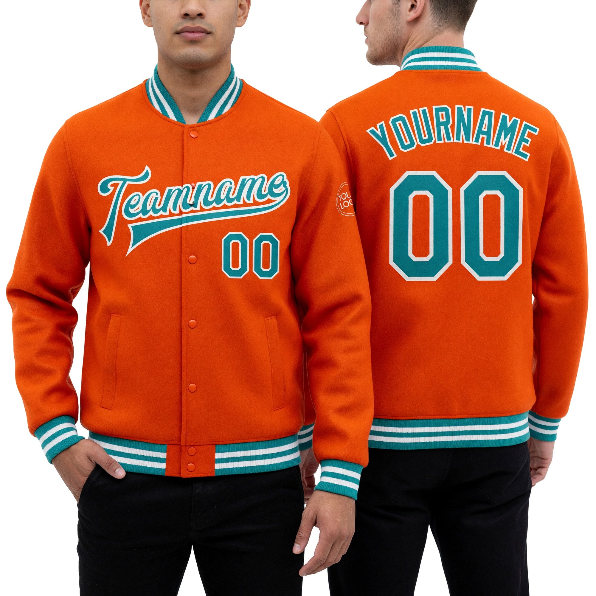 Custom Orange Teal-White Bomber Full-Snap Varsity Letterman Jacket worn front and back
