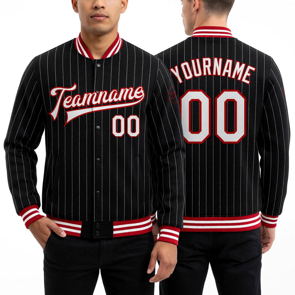Custom Black White Pinstripe Red Bomber Full-Snap Varsity Letterman Jacket worn front and back