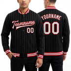 Custom Black White Pinstripe Red Bomber Full-Snap Varsity Letterman Jacket worn front and back