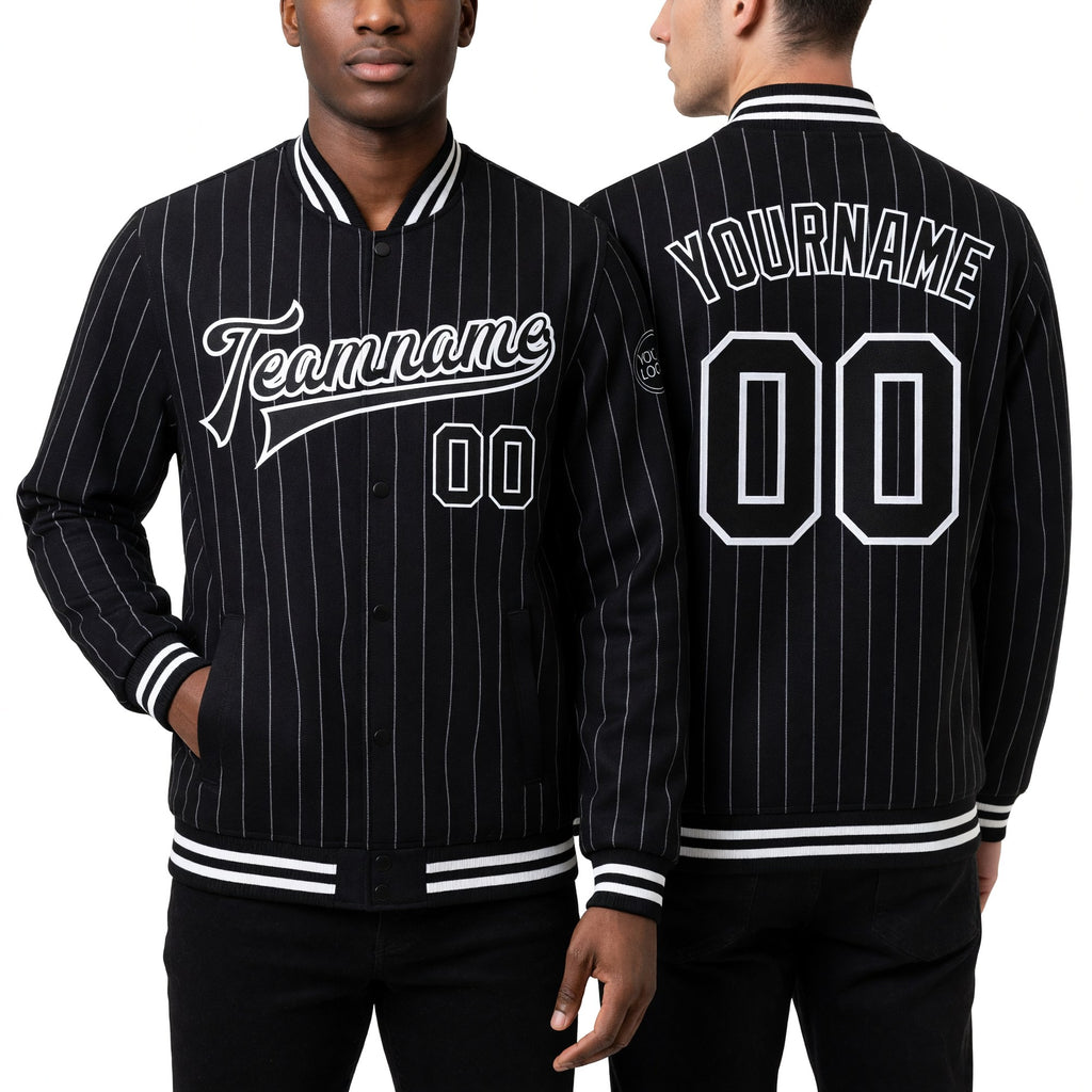 Custom Black White Pinstripe White Bomber Full-Snap Varsity Letterman Jacket worn front and back