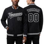 Custom Black White Pinstripe White Bomber Full-Snap Varsity Letterman Jacket worn front and back