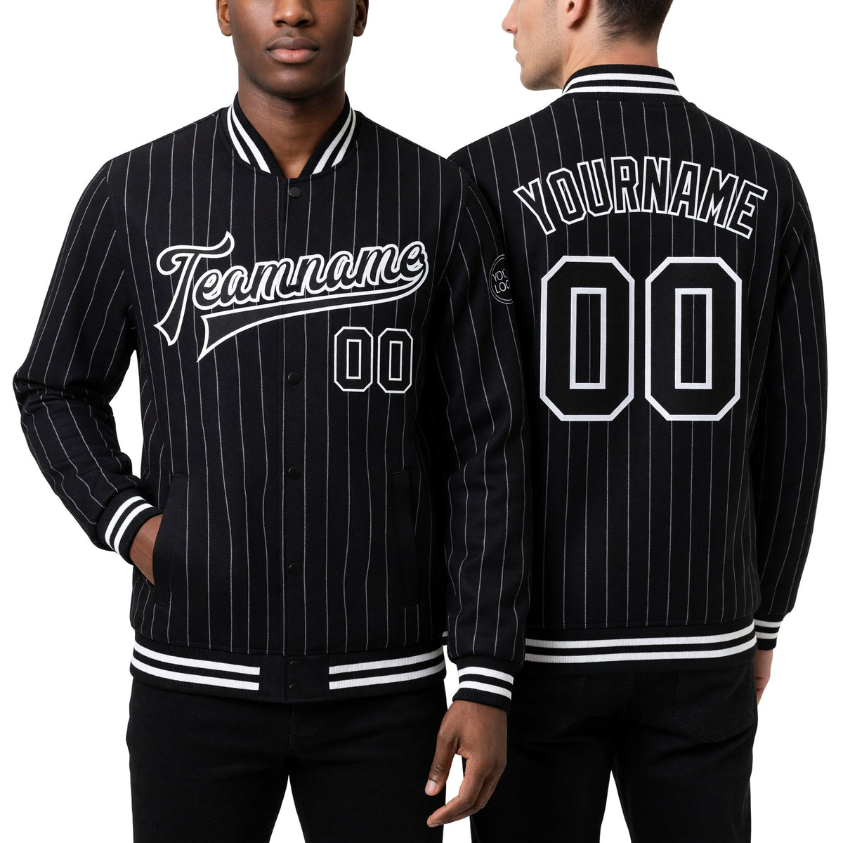 Custom Black White Pinstripe White Bomber Full-Snap Varsity Letterman Jacket worn front and back