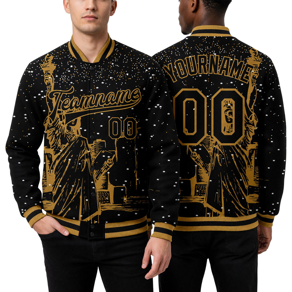 Custom Black Old Gold New York Statue of Liberty 3D Pattern Design Bomber Full-Snap Varsity Letterman Jacket worn front and back
