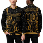 Custom Black Old Gold New York Statue of Liberty 3D Pattern Design Bomber Full-Snap Varsity Letterman Jacket worn front and back