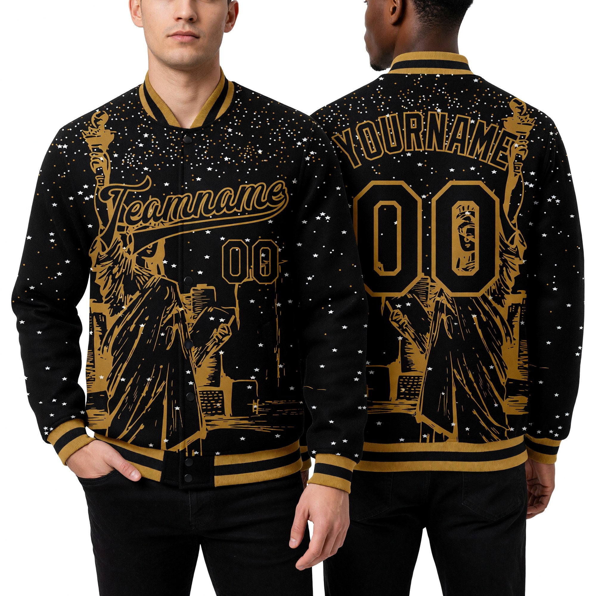 Custom Black Old Gold New York Statue of Liberty 3D Pattern Design Bomber Full-Snap Varsity Letterman Jacket worn front and back