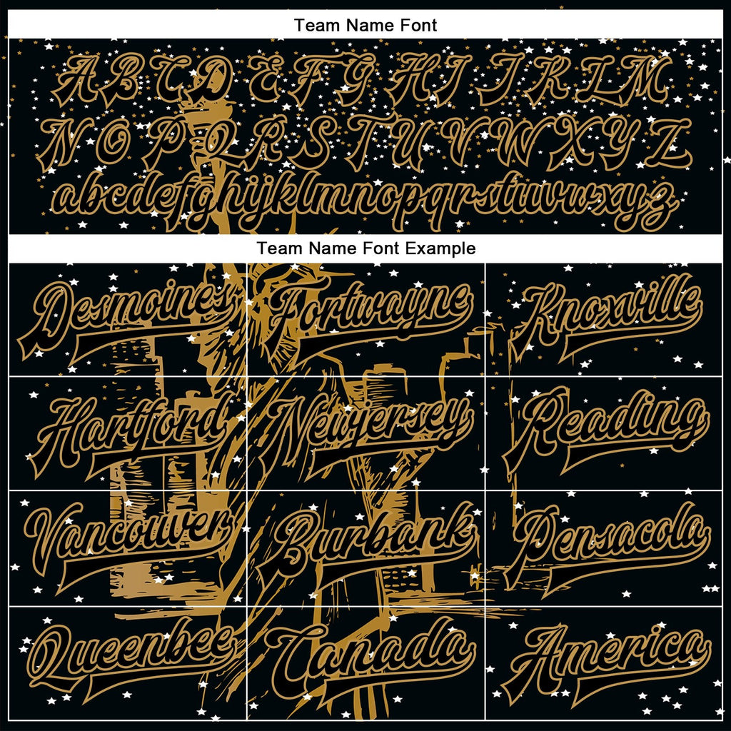 Custom Black Old Gold New York Statue of Liberty 3D Pattern Design Bomber Full-Snap Varsity Letterman Jacket photo 5