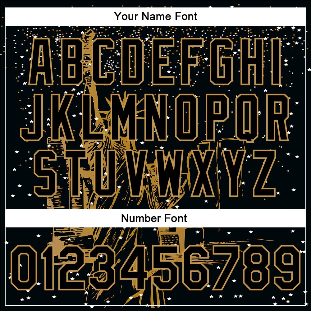 Custom Black Old Gold New York Statue of Liberty 3D Pattern Design Bomber Full-Snap Varsity Letterman Jacket photo 6