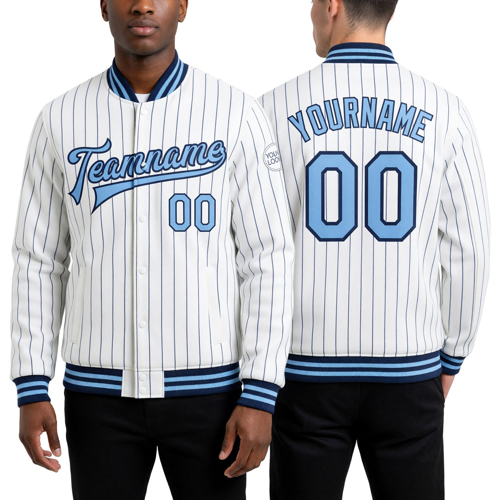 Custom White Navy Pinstripe Light Blue Bomber Full-Snap Varsity Letterman Jacket worn front and back