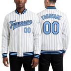 Custom White Navy Pinstripe Light Blue Bomber Full-Snap Varsity Letterman Jacket worn front and back