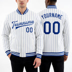 Custom White Royal Pinstripe Royal Bomber Full-Snap Varsity Letterman Jacket worn front and back