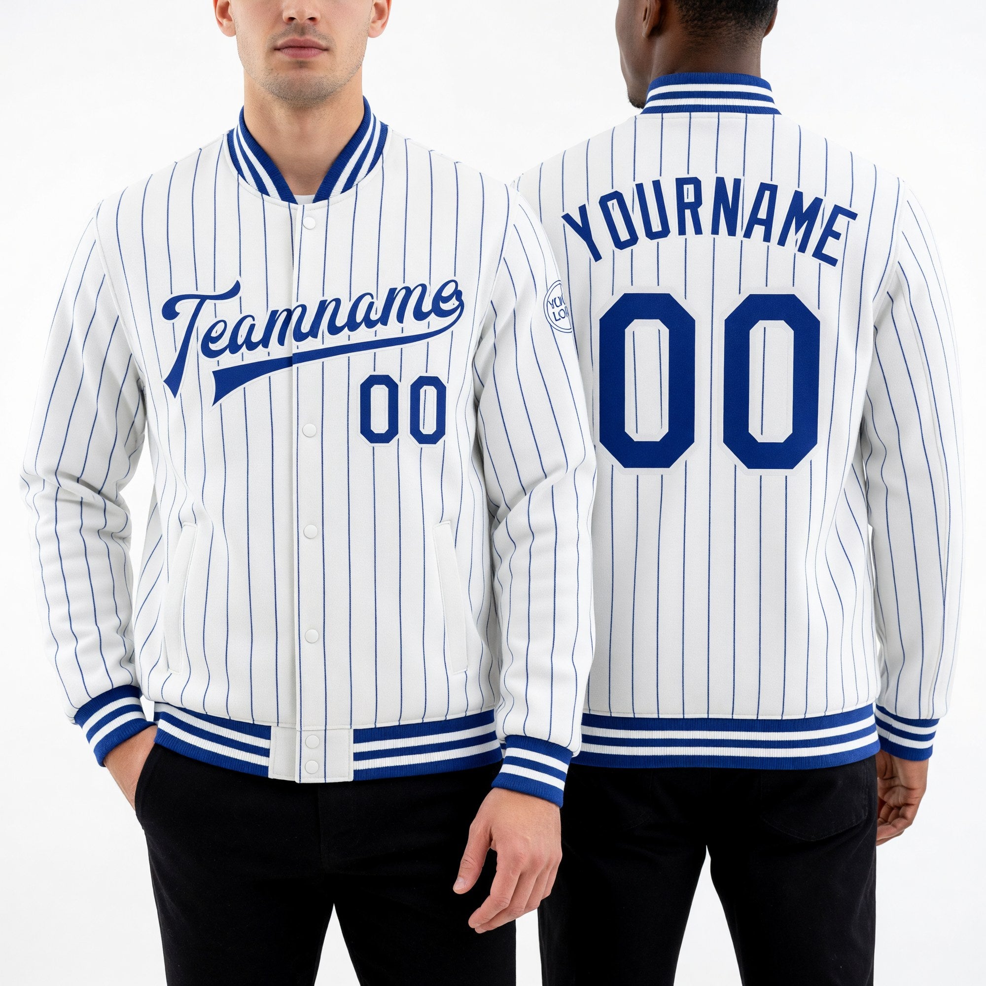 Custom White Royal Pinstripe Royal Bomber Full-Snap Varsity Letterman Jacket worn front and back
