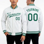 Custom White Kelly Green Pinstripe Kelly Green Bomber Full-Snap Varsity Letterman Jacket worn front and back