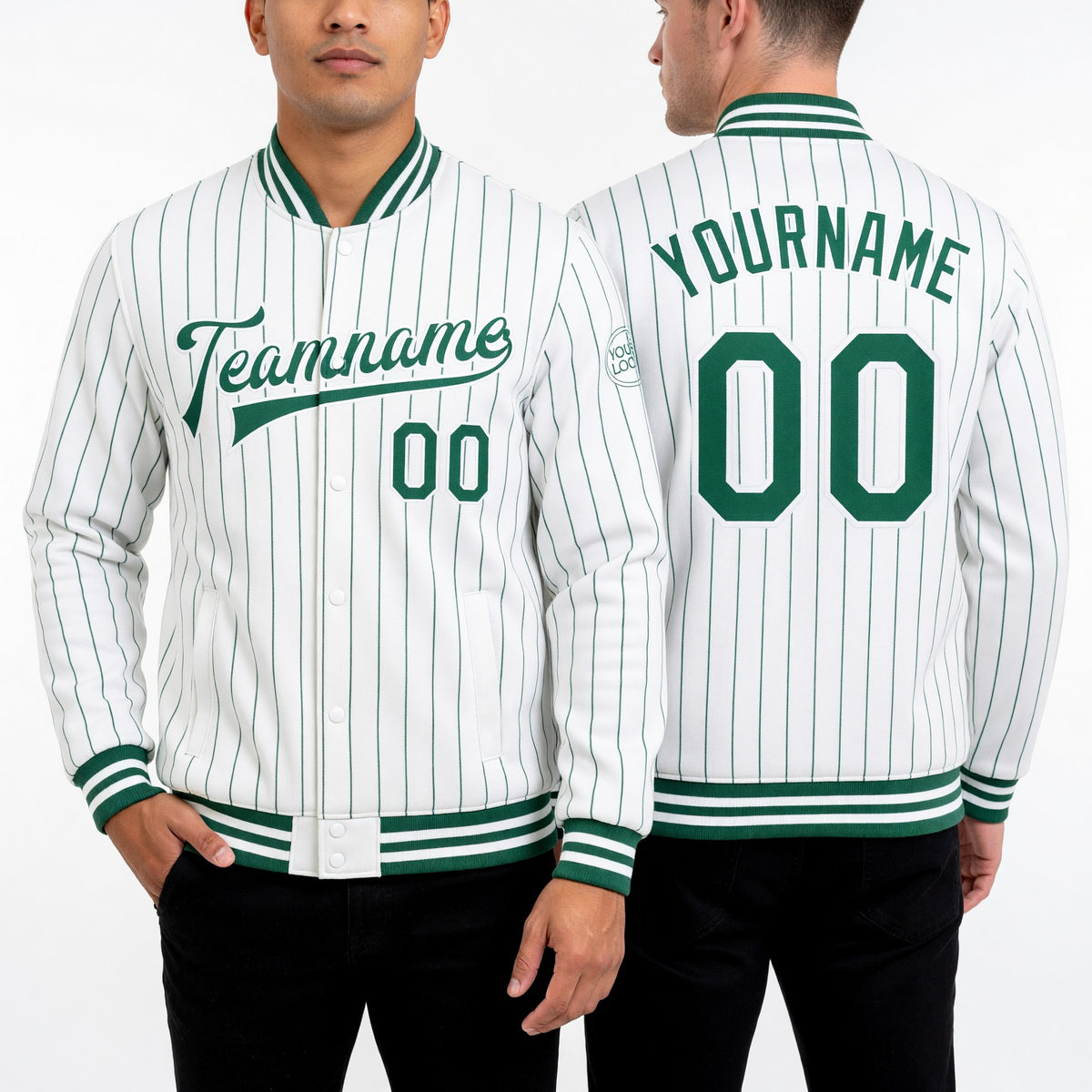 Custom White Kelly Green Pinstripe Kelly Green Bomber Full-Snap Varsity Letterman Jacket worn front and back