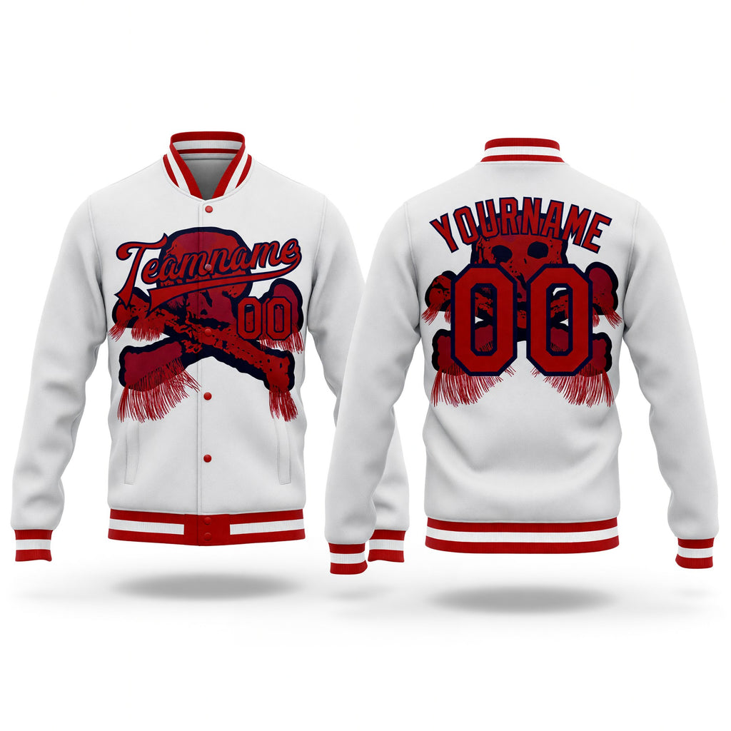 Custom White Red-Navy Skull Fashion 3D Bomber Full-Snap Varsity Letterman Jacket