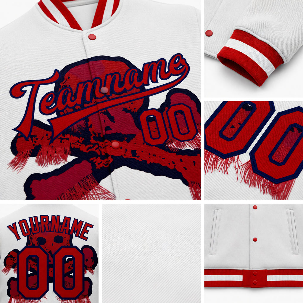 Custom White Red-Navy Skull Fashion 3D Bomber Full-Snap Varsity Letterman Jacket detail