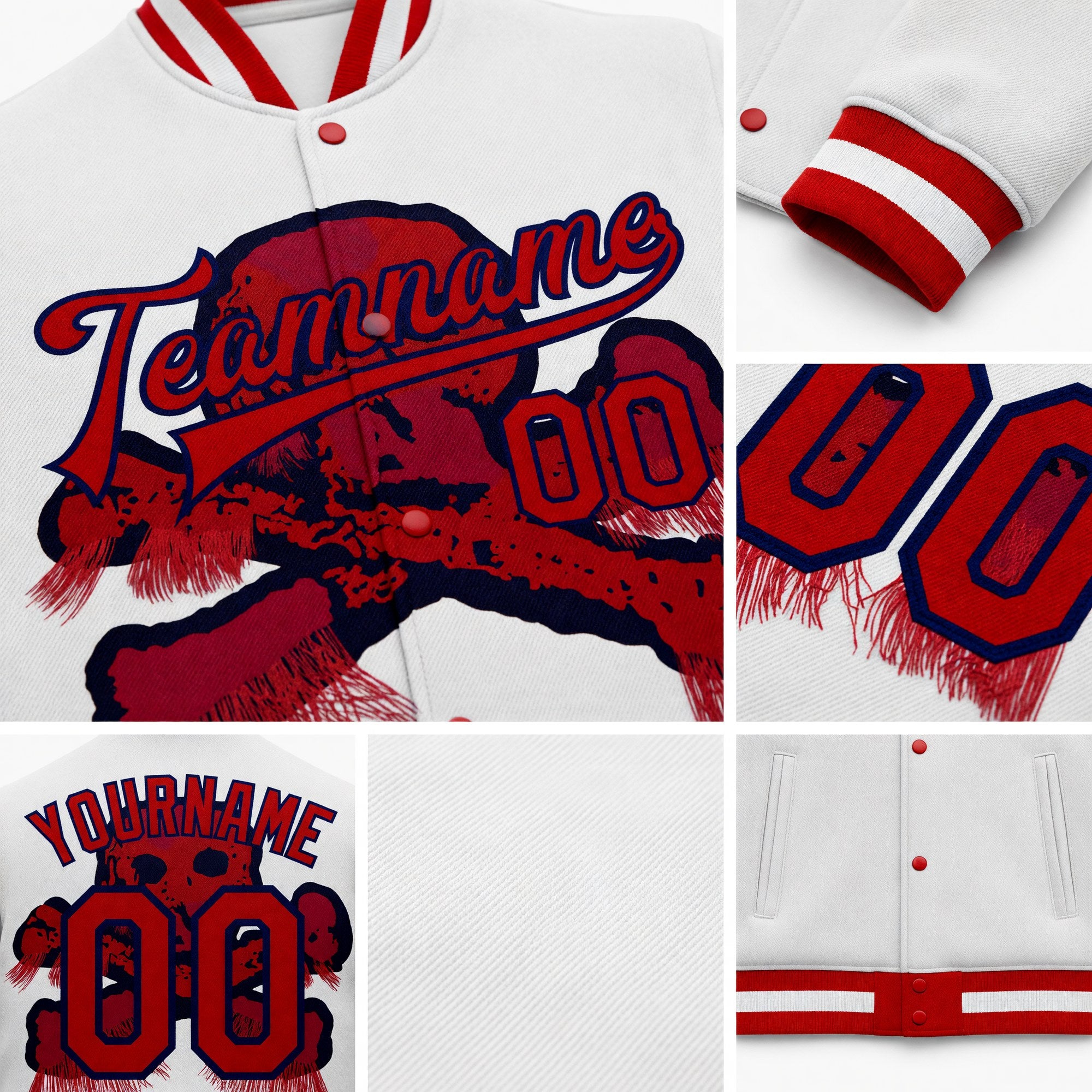Custom White Red-Navy Skull Fashion 3D Bomber Full-Snap Varsity Letterman Jacket detail