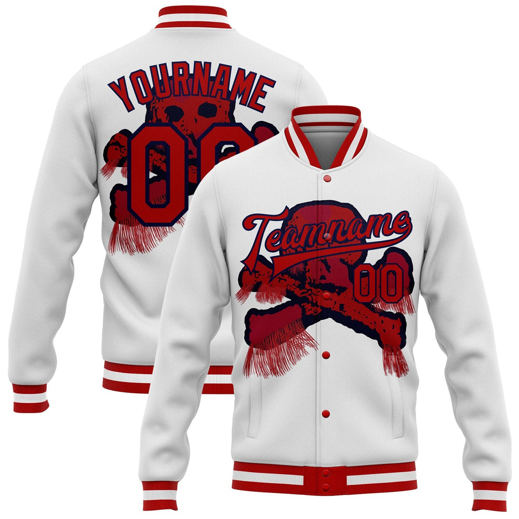 Custom White Red-Navy Skull Fashion 3D Bomber Full-Snap Varsity Letterman Jacket photo 1
